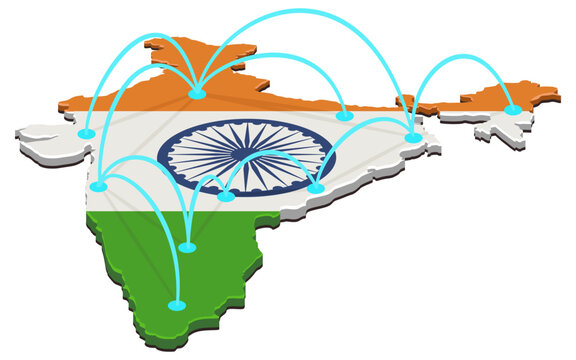 3D isometric map of India with flag texture and glowing connection arcs representing domestic network, logistics routing, communication, and transport (cut out)