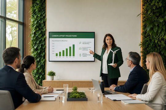 Businesswoman Presenting Carbon Offset Projections to Corporate Team