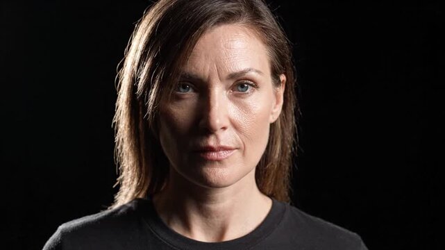 Serious Middle-aged Woman Portrait on Black Background