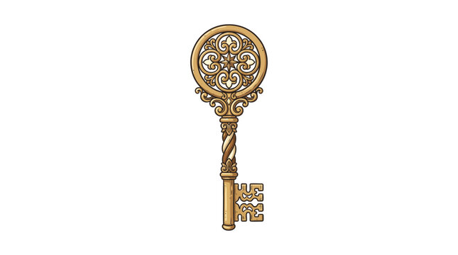 Ornate golden vintage skeleton key with intricate filigree patterns and a twisted shaft on a white background.