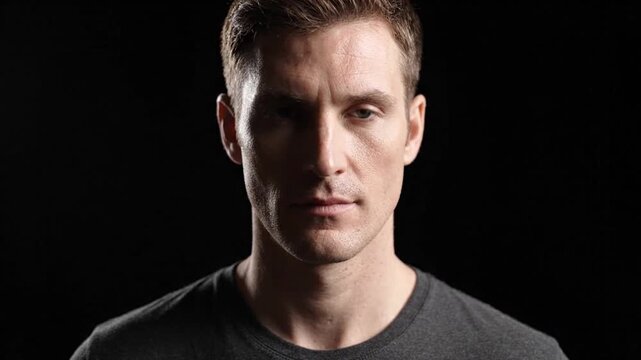 Serious Man Opening Eyes Against Black Background