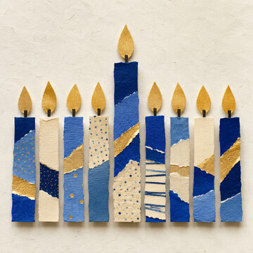 Tactile paper Hanukkah menorah collage with nine candle flames