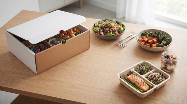 Healthy meal prep boxes filled with colorful salads and salmon fillets on natural wood surface.
