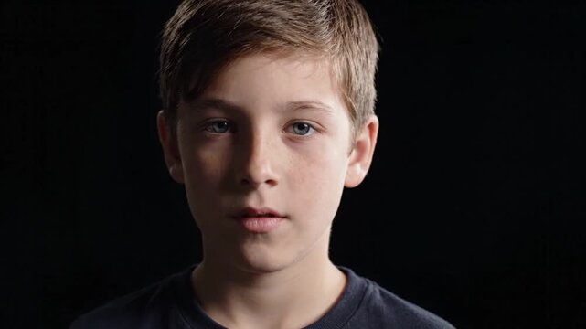 Young Boy Opening Eyes Against Black Background