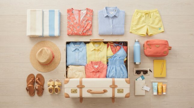 Open vintage suitcase filled with summer vacation clothes and travel accessories organized for a trip on a clean white background