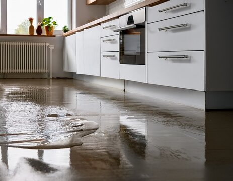 close up of a flooded floor in a modern white kitchen