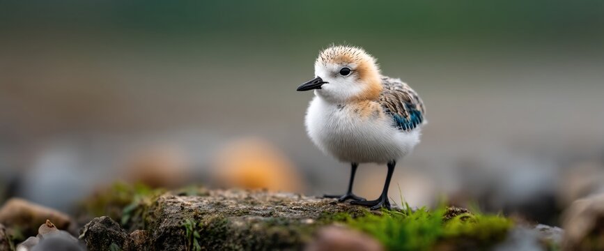 Adorable baby bird standing on a mossy rock. Features soft white and tan feathers, black beak & legs