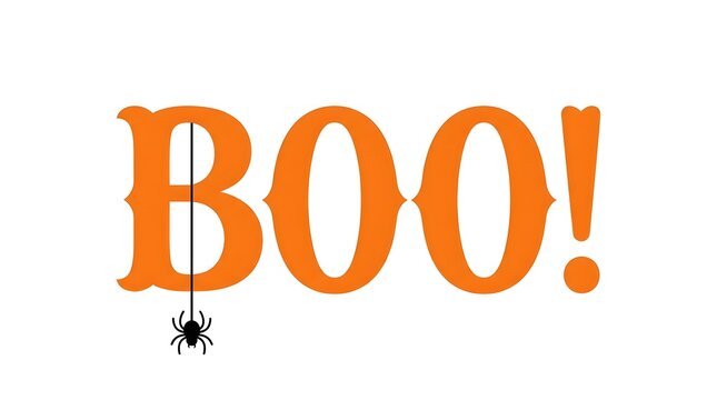Orange halloween boo text design with a small black spider hanging from the letter b on white