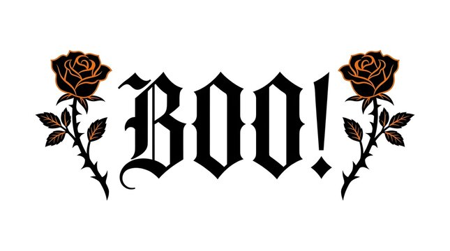 Gothic style boo text design with vintage decorative roses on a clean white background for halloween projects