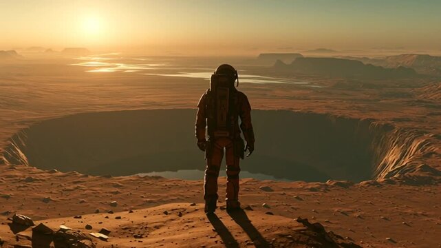 Lone Astronaut Overlooking a Vast Red Planet Valley / 赤い惑星の峡谷を望む宇宙飛行士