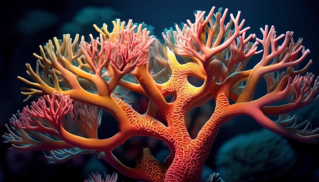 acropora staghorn coral branch system close framing polyp corallite cups arrayed along cylindrical branches calcium carbonate skeletal architecture revealed under split dramatic lighting live tis