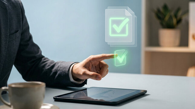 Businessman reviewing digital checklist with glowing checkmark icons on a tablet screen, symbolizing task completion and efficiency