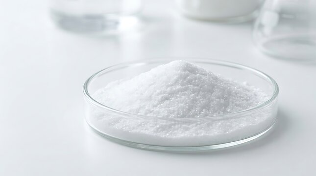 A pile of white chemical powder inside a glass petri dish for scientific research. allantoin