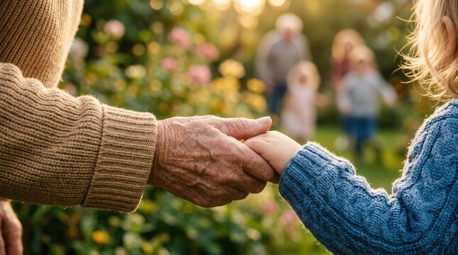 Joyful intergenerational bonding between grandparents and grandchildren in a sunny backyard.
