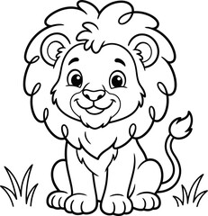 Obraz premium Cute cartoon lion cub sitting in grass isolated on transparent background
