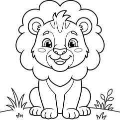 Adorable baby lion cartoon illustration with grassy details isolated on transparent background