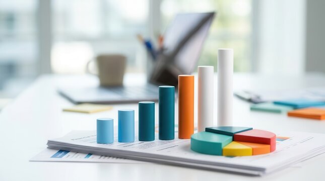 Colorful bar graphs and pie charts showing financial report visualization for investment performance analysis.