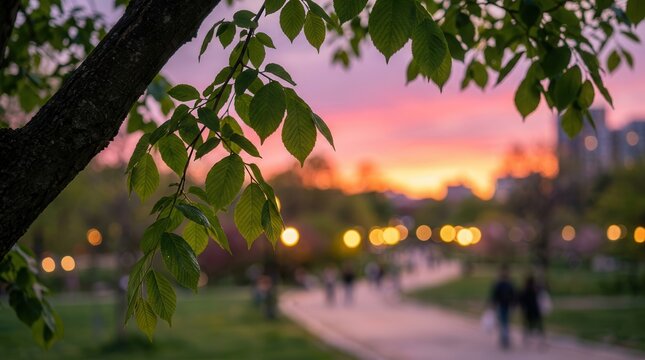 Tall green trees line a path under a vibrant pink and orange sunset sky.