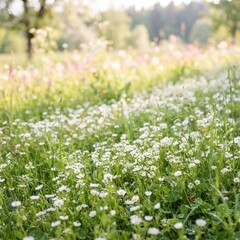 Fototapeta premium Field of White Daisies and Wildflowers Blooming Across a Lush Green Meadow in Fresh Spring Nature