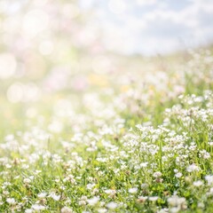 Fototapeta premium White Flowers Blooming in a Lush Green Meadow with Chamomile, Daisy Blossoms, Fresh Grass and Natural Spring Garden Beauty in Sunlight