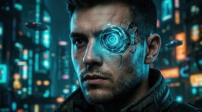 Man with a cybernetic eye implant featuring a glowing digital interface.