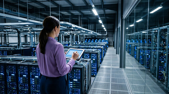 Female data center manager using a tablet to check server farm status with technology monitoring datacenter infrastructure computing analysis
