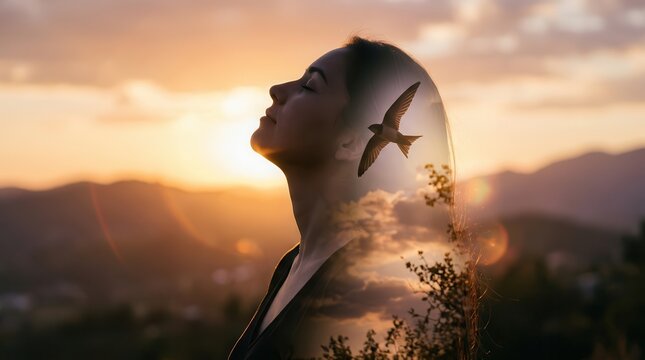 Double exposure of a woman and a free bird enjoying nature against a sunset background.