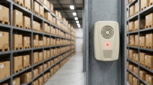 Electronic ultrasonic pest repeller device mounted on a metal pillar in a commercial warehouse.