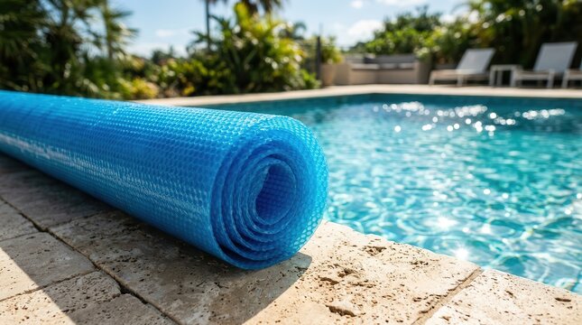 Rolled blue bubble solar pool cover on the edge of a swimming pool.