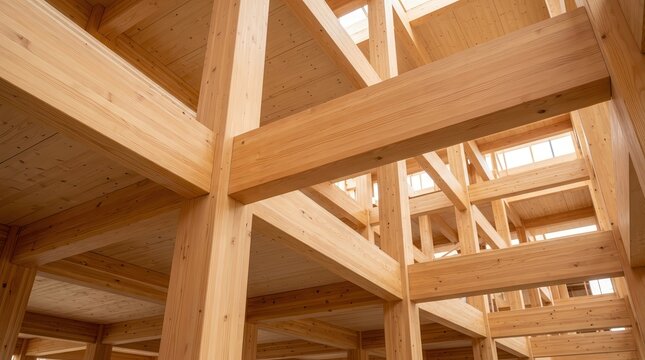 Close-up of laminated columns and floor panels in an eco-friendly mass timber building.