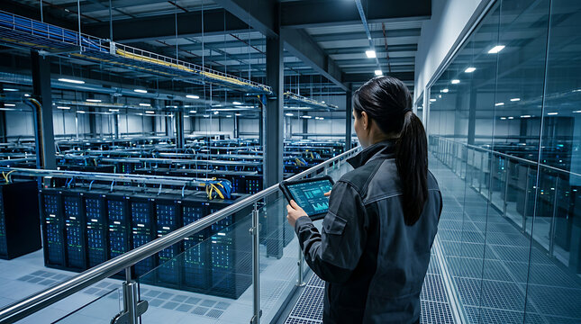 Engineer inspecting server room equipment with a handheld digital tablet engineer technology monitoring infrastructure datacenter computing