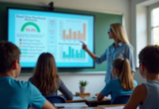 Female teacher presenting educational data on a large screen to a classroom of students seated at desks, with charts and graphs visible in the background