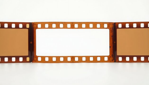 35mm film strip with three blank frames, perforated celluloid edges and warm brown tones, close up shows film grain and sprocket holes for analog photography projects, advertising mockups,