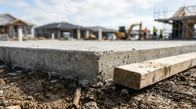Concrete foundation slab for a new residential building under construction.