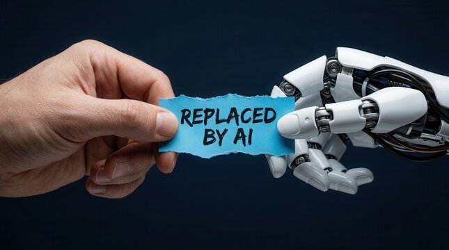 Human hand and robot hand holding a blue paper that says replaced by ai.