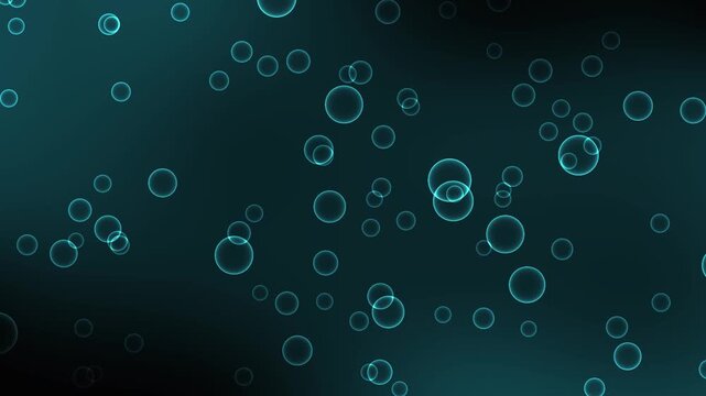 Glowing teal water bubbles floating and rising on a dark abstract background in a seamless animation loop.