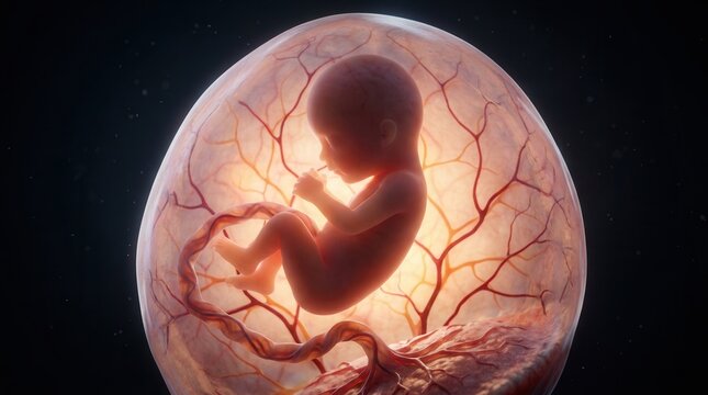 Highly detailed medical illustration of a human fetus inside a glowing amniotic sac.