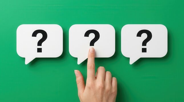 A human hand points to a white speech bubble containing a question mark on a green background.