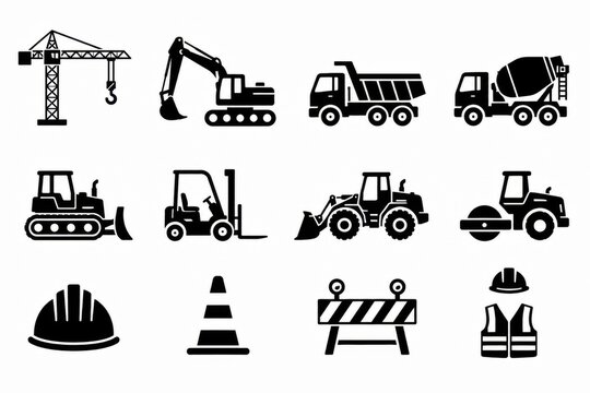Set of black construction vehicle icons and equipment symbols