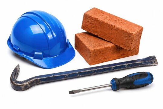 Blue hard hat with red bricks crowbar and drill bit on white surface