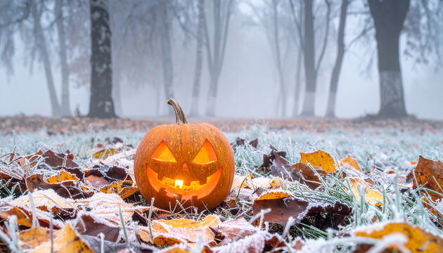 Jack o Lantern on Frozen Leaves in Pale Winter Forest