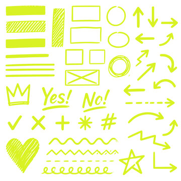Set of hand drawn neon yellow doodles, marks, and symbols on transparent background: Design for social media story highlights, video editing overlays, and creative presentation graphics. SVG version.