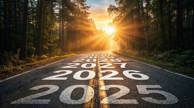Business planning concept with years 2025 to 2030 written on a road towards a bright sun.