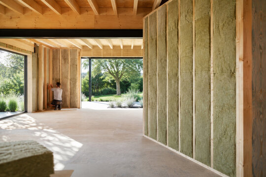 Construcci&oacute;n de una casa moderna con paneles de madera y aislamiento en una zona verde