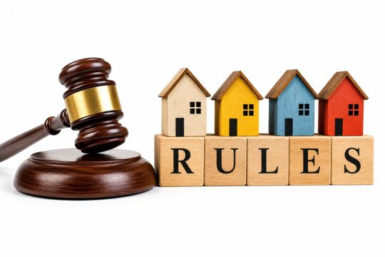 Wooden judge gavel next to colorful house models and rules word blocks