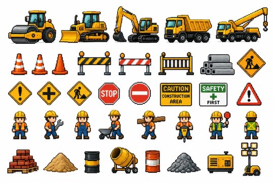 Pixel art construction site icons with vehicles and workers set