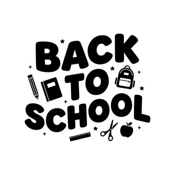 Back to school typography with school supplies on a white background