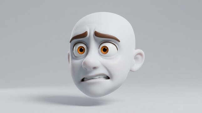 A white cartoon head with a worried face and wide orange eyes.