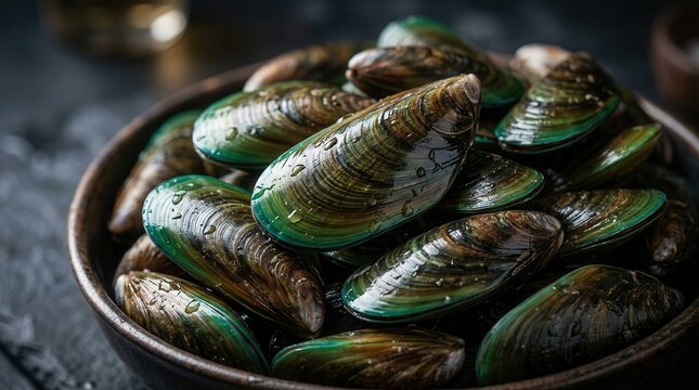Numerous fresh green mussels in closed shells.