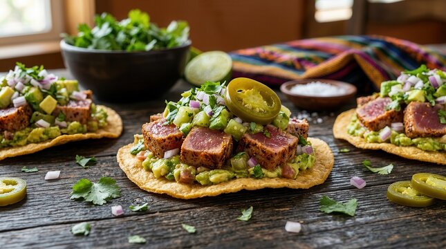 Crunchy tuna tacos topped with fresh avocado salsa, tomatillo, and pickled jalape&ntilde;o.